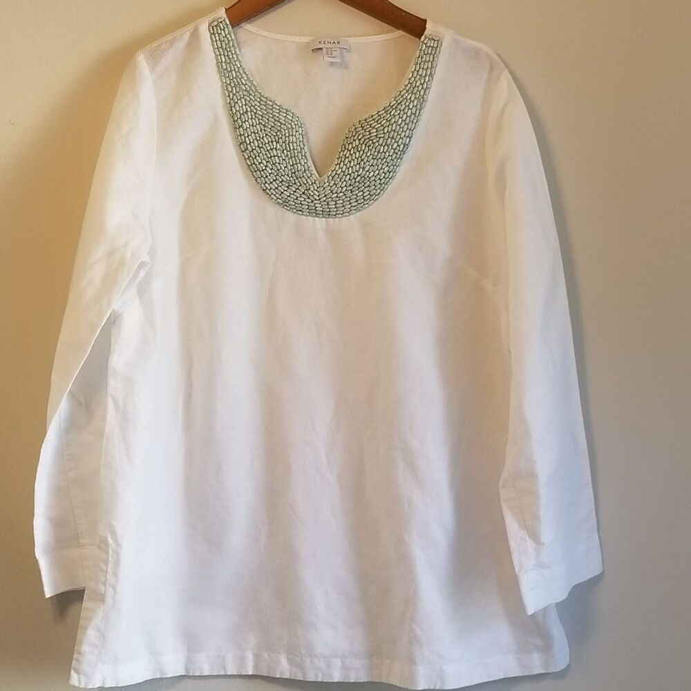 Kenar Linen Cotton Blend Beaded Tunic Top Women's XL